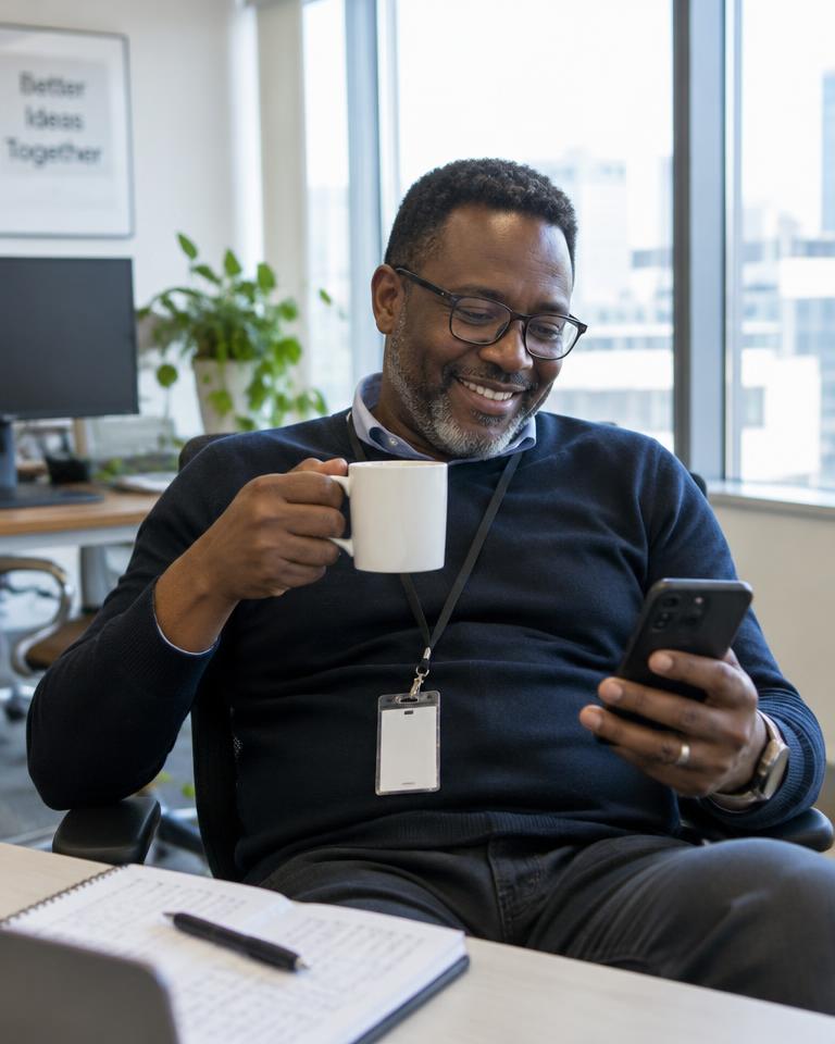 Pendant une pause au bureau, un homme sourit à un échange avec son match sur son téléphone