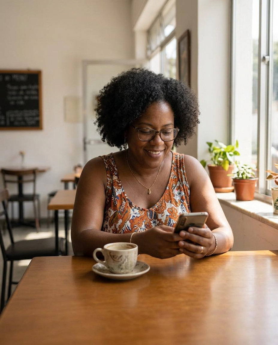 Au café, une femme souriante réfléchit à un échange avec son match, téléphone à la main