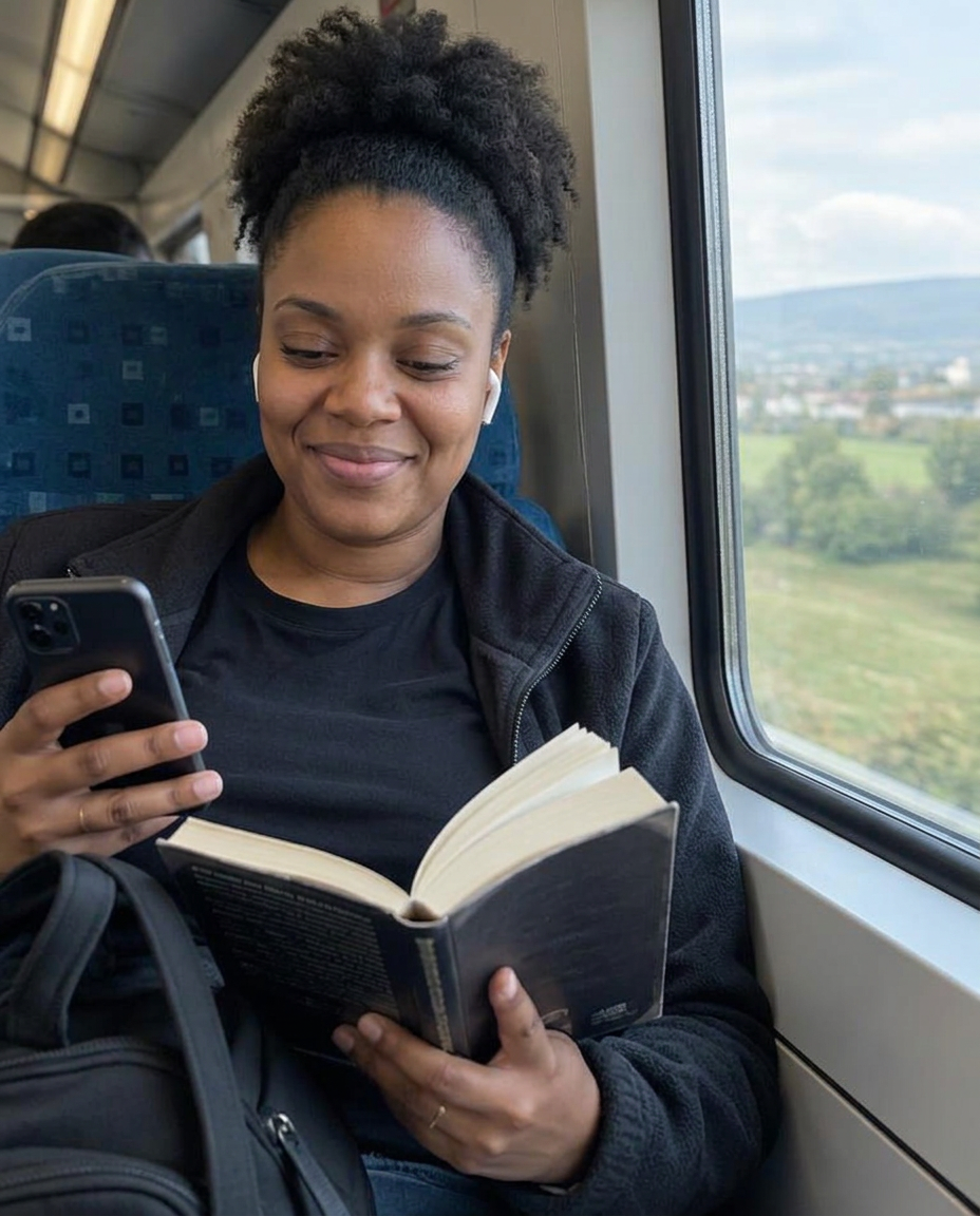 Dans un train, une femme sourit avec curiosité en retrouvant un échange avec son match